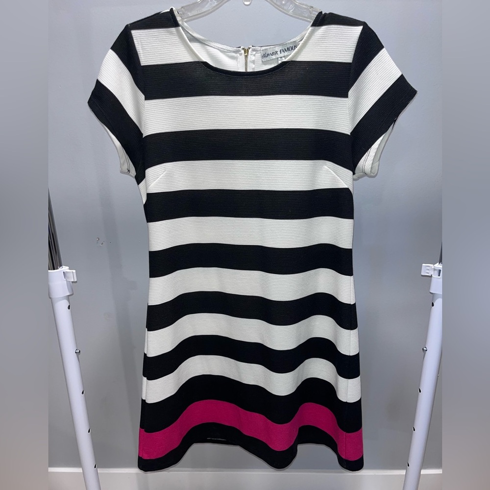 Almost Famous Black and White Striped Mini Dress with Pink Accent